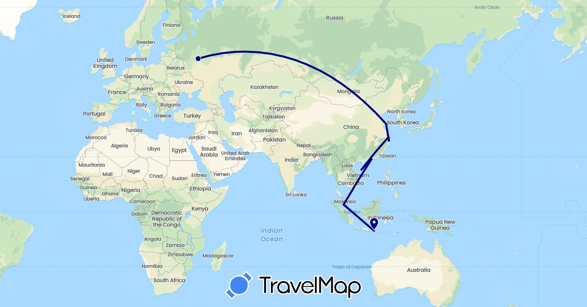 TravelMap itinerary: driving in China, Indonesia, Malaysia, Russia (Asia, Europe)